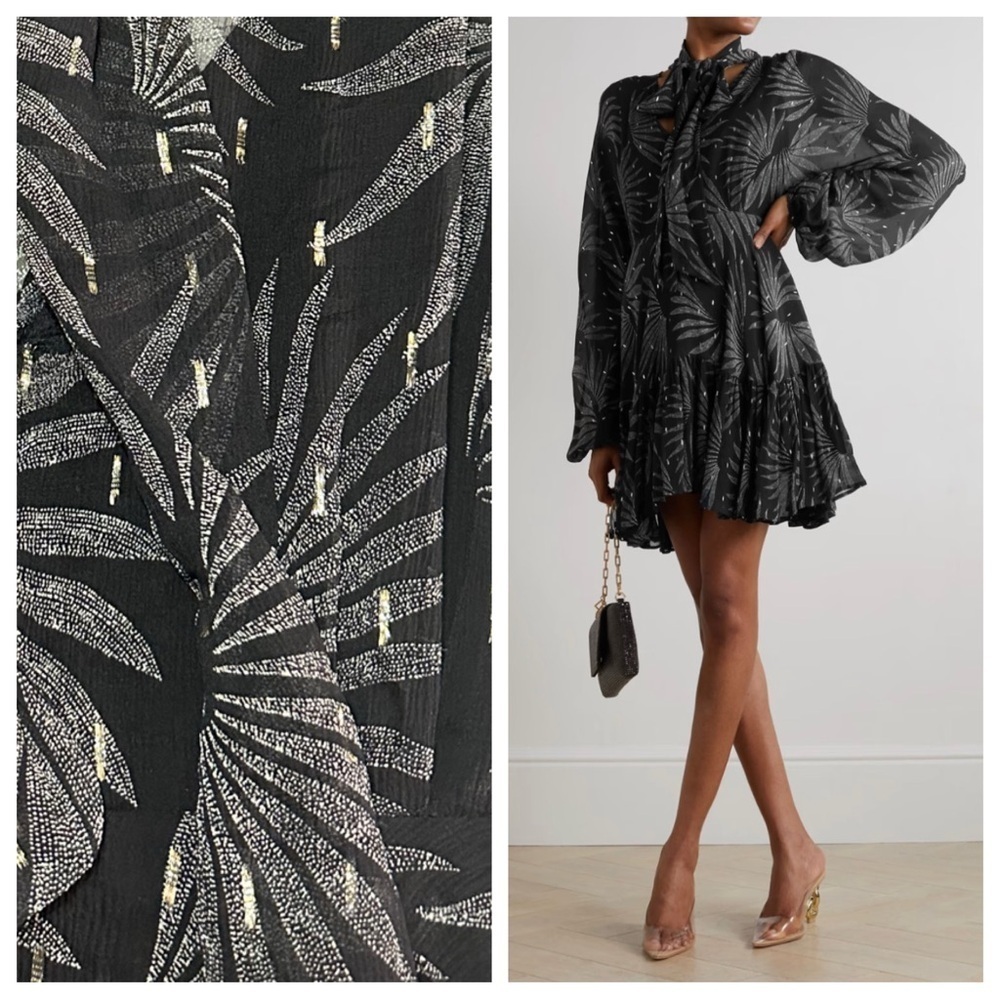 NEW EVARAE Lavinia Tie-neck Fil Coupé Silk-blend Mini Dress Sz 8 Black Gold